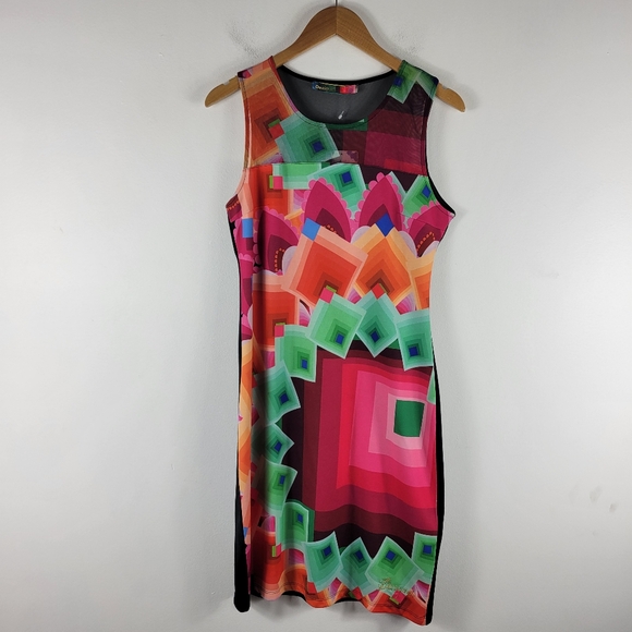 New Desigual Geometric Pixel Knit Sheer Mesh Sleeveless Knee Length Shift Dress - Picture 2 of 12